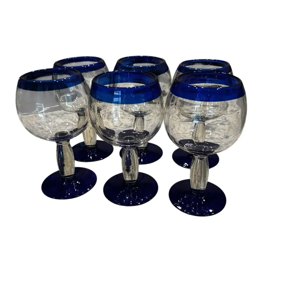Mexican Handcrafted Cobalt Blue Rim Wine Glass Set of 6
